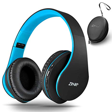 zihnic Wireless Over-Ear Headset with Deep Bass, Bluetooth and Wired Stereo Headphones Buit in Mic for Cell Phone, TV, PC,Soft Earmuffs &Light Weight for Prolonged Wearing (Black/Blue)