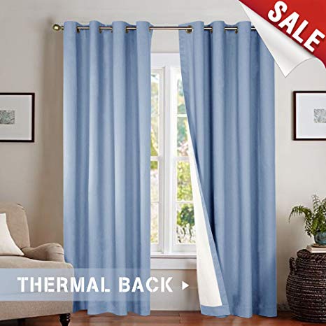 jinchan Blackout Thermal Backed Curtains for Living Room, Lined Bedroom Drapes 95 Inch Length Blue Grommet Top Window Curtain, One Panel