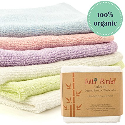 TUTTI BIMBI Best Soft 100% Organic Bamboo Premium Baby Washcloth Flannels - Silky-soft Eco Friendly Reusable Baby Travel Wipes - 6 pack - 10x10 inch Large (Pastel Rainbow)