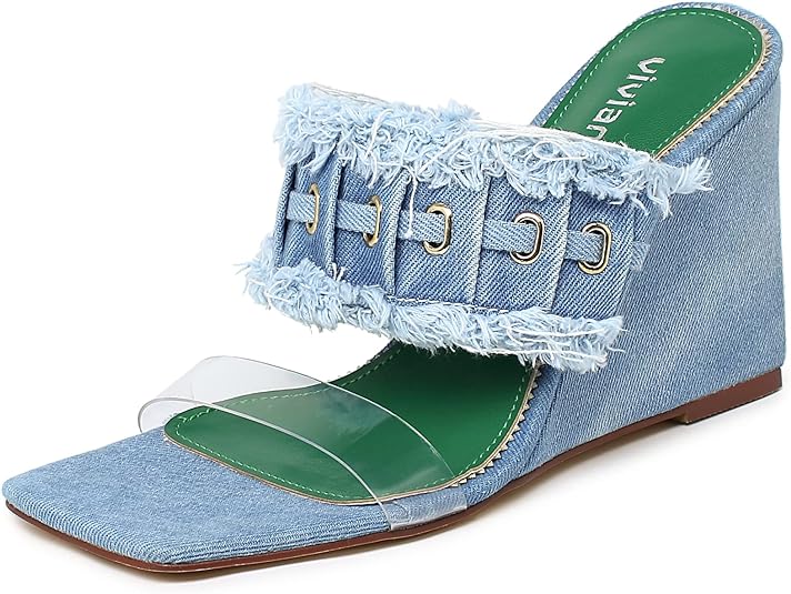 vivianly Womens Denim Wedge Heeled Slides Sandals Clear Strappy Heels