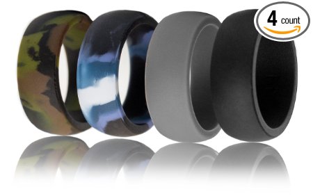 Silicone Wedding Ring for Men by FluxActive - 4 Rings Pack - Ultra Premium Rubber Bands for Active Men - Camo, Blue, Black, Grey