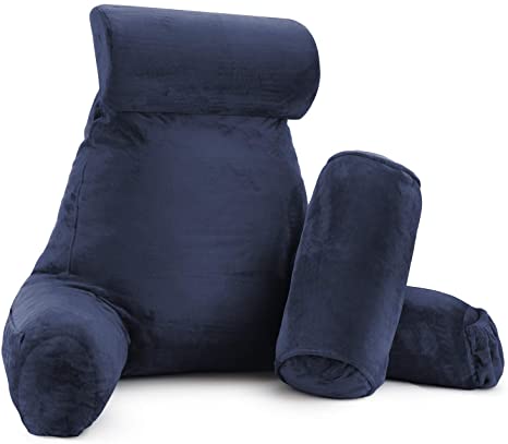 Reading Pillow, Extra Large Back Pillow, Backrest Pillows for Bed with Arms, Shredded Memory Foam Back Pillows for Sitting in Bed,   2 Neck Roll & Lumbar Back Support Pillow, Blue (Navy Blue)