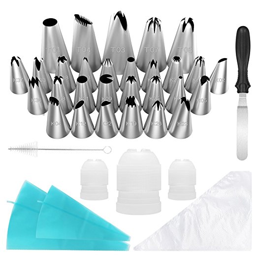 Kootek 56 Pieces Numbered Cake Decorating Supplies Set, 29 Large & Small Size Icing Tips, 22 Pastry Bags, 1 Icing Spatula, 3 Piping Tips Nozzles Coupler Frosting Baking Tool DIY Cupcakes Cookies