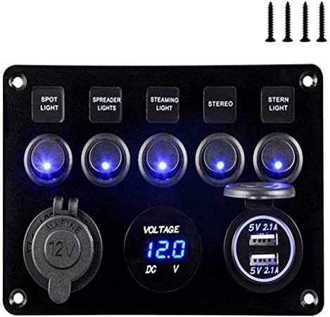 5 Gang Marine Boat Rocker Switch Panel, Waterproof Boat Toggle Switches Panel with 4.2A Dual USB Charger Socket   LED Voltmeter   12V Power Outlet for RV Car Boat Truck Camper Vehicles GPS