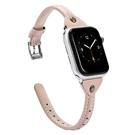 Wearlizer Beige Leather Compatible with Apple Watch Band 38mm 40mm iWatch Womens Mens Strap Slim Wristband Leisure Exclusive New Rivet Bracelet (Metal Silver Buckle) Series 4 3 2 1 Edition Sports