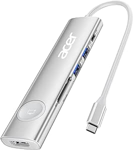 Acer USB C Hub, 7 in 1 USB C to HDMI Adapter, 4K@60Hz HDMI, 2 USB 3.1 and Type-C Data Port, 100W PD, SD Card Reader, Screen On/Off Button for MacBook Pro/air, iPad Pro/air, Switch and More (Silver)