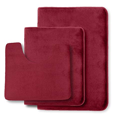 Clara Clark Non Slip Memory Foam Tub-Shower Bath Rug Set, Includes 1 Small Size 17 x 24 in. 1 Large Size 20 X 32 in. 1 Contour Rug 24 x 19 In. - Burgundy Red