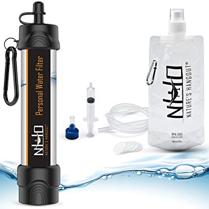 Nature's Hangout Personal Water Filter Straw for Camping, Hiking, Travel, and Emergency Preparedness with New .01 Nano Tech Filtration. Includes Boost Bag   Survival Tube   Flush Syringe