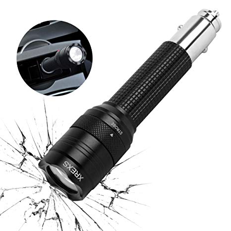 XREXS Rechargeable LED Flashlight with 12 Volt Car Cigarette Lighter Charge, Outdoor Vehicles Survival Escape Tool, 350 Lumens Bright Portable Emergency Car Flashlight with 18650 Battery Included