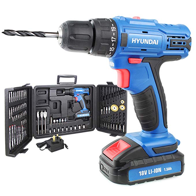 Hyundai HY2175 18V Cordless Drill with 89 Piece Drill Bit Set & Carry Case, Lithium Battery Power Tools, Blue