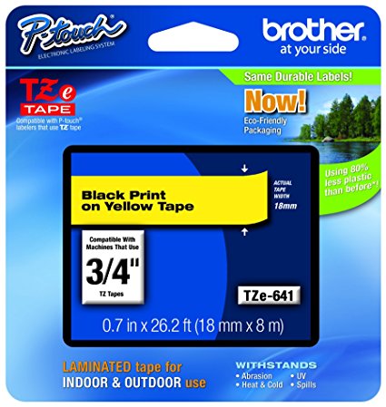 Brother P-touch Genuine TZe-641, ~3/4" (0.7") Black on Yellow Standard Laminated Tape –26.2 ft(8m) (TZE641)