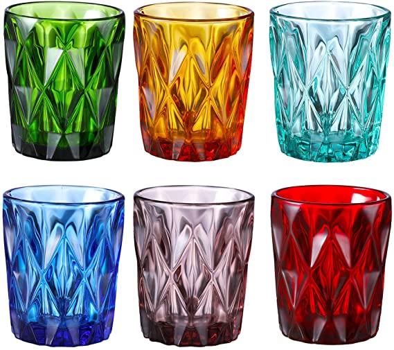 Colored Glass Drinkware 9 Ounce Water Glasses Multi Color Diamond Pattern Set of 6