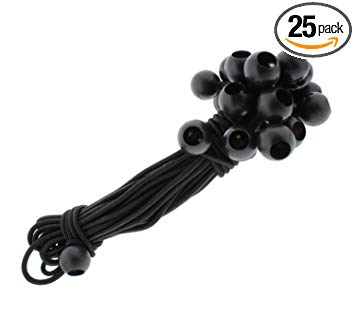 ABN 11” Inch Ball Bungee 25-Pack – Black Bungee Cord Loop Straps with Plastic Balls for Tarp Tie Down, Lacrosse, Soccer