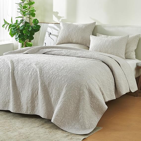 100% Cotton Stitched King Quilt Set with Shams, Grey Vintage Decor Bedding Set, All-Season, Ultra-Soft Lightweight Bedspreads. (King, Grey - Heirloom)