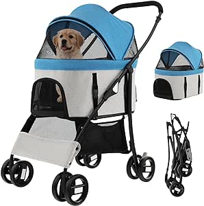 COSTWAY 3 in 1 Pet Stroller, Folding Dog Strollers with Detachable Car Seat Carrier, Adjustable Canopy, Storage Basket, 4 Wheels Travel Pushchair for Small Medium Dogs Cats (Blue Grey)