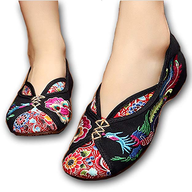 ALBBG Embroidered Chinese Style Embroidery Flats Ballet Crafts Women's Shoes Beige Black