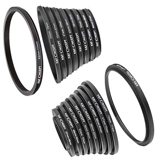 K&F Concept 18Pcs Metal Stepping Adpater Rings Set -Includes 9pcs Step-Up Ring Kit (37-49mm 49-52mm 52-55mm 55-58mm 58-62mm 62-67mm67-72mm 72-77mm 77-82mm) 9pcs Step-Down Ring Filter Stepping Adapter Set (49-37mm 52-49mm 58-55mm 55-52mm 62-58mm 67-62mm72-67mm 77-72mm 82-77mm)