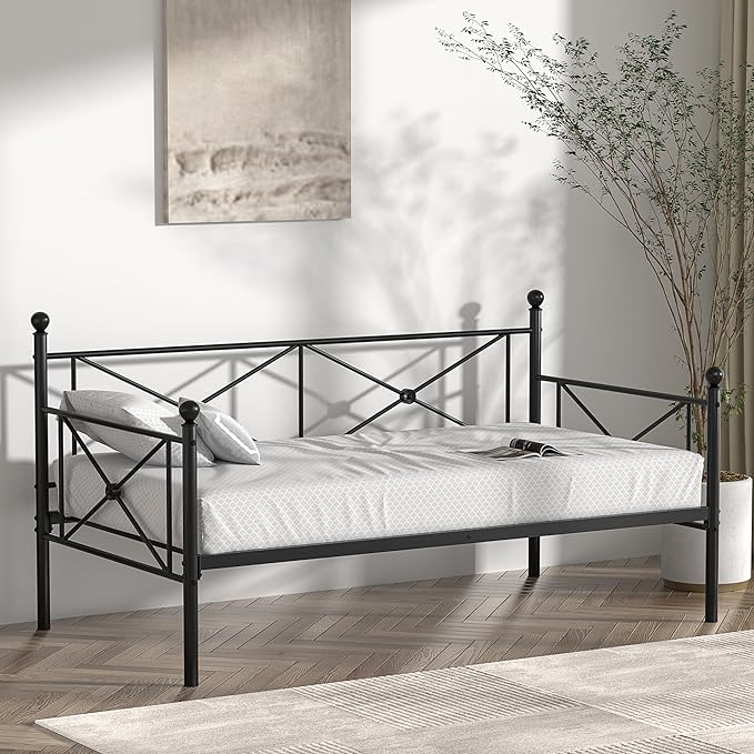 VECELO Twin Daybed with Headboard, Heavy-Duty Metal Slats Support, Sofa Bed Platform Mattress Foundation for Living Room, Guest Room, Easy Assembly, Black