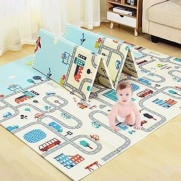 Waterproof Portable Double Side Soft Reversible Non Toxic BPA Free Learning & Crawling Foam Baby Play Mat Foldable Outdoor-Indoor USE 5 x 6.5-FT Lanolin Nipple (Stander)
