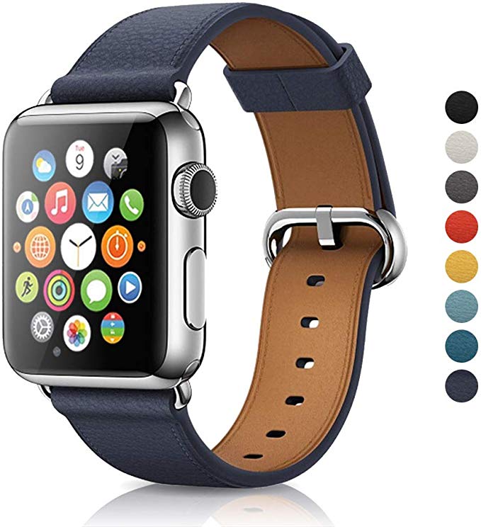 Narako Compatible with Apple Watch Bands 38mm 42mm 40mm 44mm Litchi Genuine Leather Classic Adjustable Replacement Strap for iWatch Series 4 3 2 1 for Men and Women (Dark Blue, 38mm/40mm)