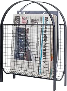 MyGift Mid-Century Design Magazine Rack, Matte Black Tone Metal Mesh Freestanding Magazine Organizer Holder Sling