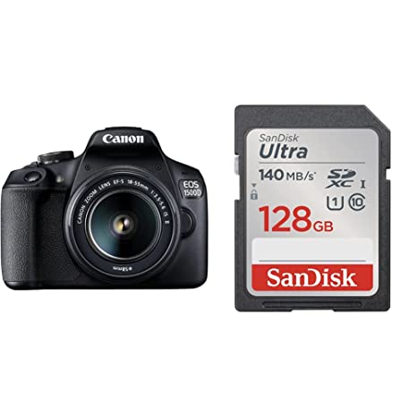 Canon EOS 1500D 24.1 Digital SLR Camera (Black) with EF S18-55 is II Lens & SanDisk Ultra UHS I 128GB SD Card 140MB/s for DSLR and Mirrorless Cameras, 10Y Warranty