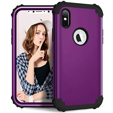iPhone X Case, iPhone 10 Case , HKW Hybrid Heavy Duty Shockproof Full-Body Protective Case with Dual Layer [Hard PC  Soft Silicone] Impact Protection for Apple iPhone X - Purple/Black (MA1960)