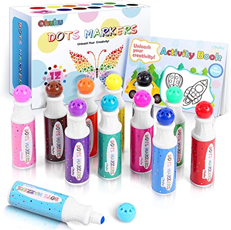 Dot Markers Kit, Ohuhu 12 Colors Paint Marker (40 ml, 1.41 oz.) with a 30 Pages Activity Book, Water-Based Non-Toxic Bingo Daubers for Kids Children (3 Ages  ), Dot Art Markers Christmas