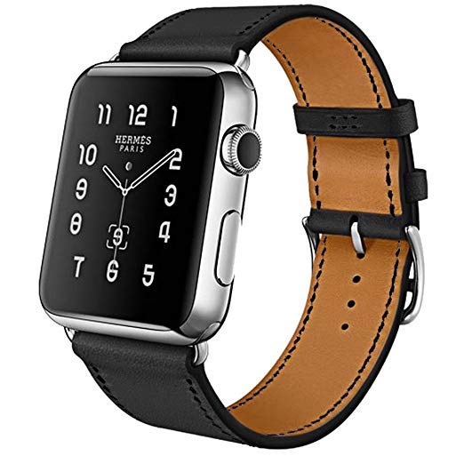 MroTech Replacement for iWatch Strap 42mm and 44mm Leather Watch Band Luxury Top Grain Leather Band Strap Replacement for iWatch Series 4 Series 3 Series 2 Series 1 (Black, 42 mm / 44 mm)