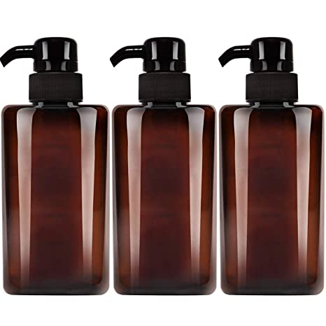 Jolitac 16 oz Dispenser Refillable Bottles 3 Pack, Shampoo Conditioner & Wash Shower Refillable Containers Pet Plastic Empty Amber Pump Bottle (Brown-Liquid)