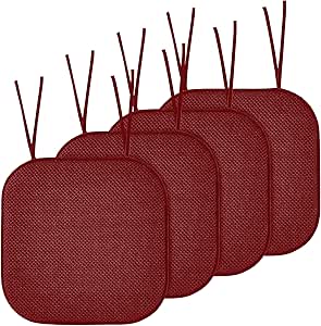 Elegant Comfort Chair Cushion Covers with Ties and Non Skid Rubber Backing-Thick Memory Foam - Soft Cushion Pad- Rounded Square Seat Cover-16 x 16 Inches-Honeycomb Textured Pattern, Set of 4, Burgundy