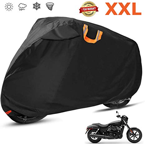 Motorcycle Cover Waterproof Outdoor 210D Oxford Heavy Duty, Night Reflective, Windshield Liner, Vents, Lock Holes, Taped Seams for 104 Inches Motorcycles like Honda, Yamaha, Suzuki, Harley and More