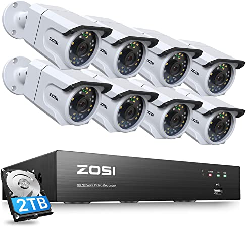 ZOSI 8CH 4K PoE Home Security Camera System with Audio,8MP 8CH H.265  NVR with 2TB HDD,8pcs 4K 8MP Outdoor Indoor PoE IP Cameras,Color Night Vision,Human Detection,Smart Light Alarm,24/7 Recording