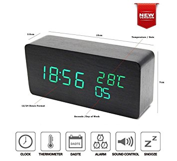 Green LED Wood Grain Timber Digital Alarm Clock 3 Display Modes 12/24 Time Hour/Min/Sec Day/Week Date/Month Temperature(°C) Thermometer Voice Control Power by 4xAAA Battery or USB Charger (Green LED)