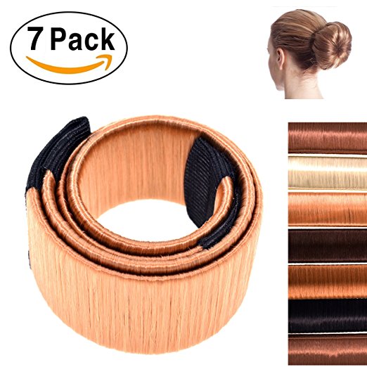 7pcs Hair Bun Maker French Twist Hairstyle DIY Women Girls with 7pcs Elastic Ponytail Holders Hair Bands, Hair Bun Clip Tool & Styling Disk Donut, 7 shades: Blonde, Brown, Black - by KING POSEIDON