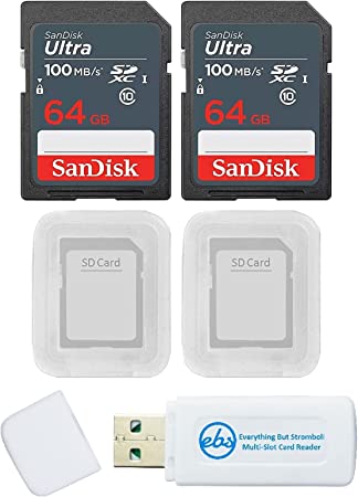 SanDisk Ultra 64GB (2 Pack) SDXC UHS-I Card Class 10 SDSDUNR-064-GN3IN Bundle with 2 SD Card Cases and 1 Everything But Stromboli Memory Card Reader