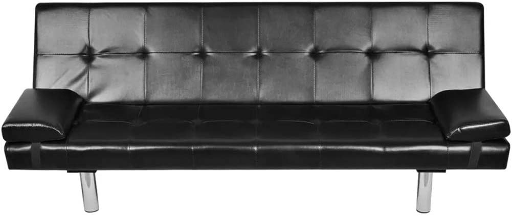 Sofa Bed with Two Pillows Black Artificial Leather Adjustable Futon Set for Apartment Living Room Furniture by BLUECC