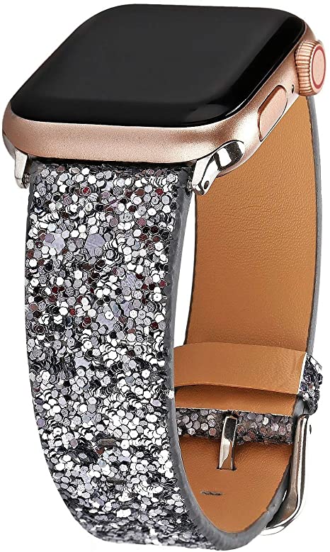 Greaciary Glitter Bling Band Compatible for iWatch Band 38mm 40mm,Leather Luxury Shiny Sparkle Strap Wristbands Women Replacement for iWatch Series 5/4/3/2/1
