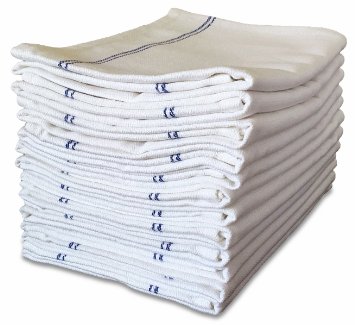 VibraWipe Kitchen Dish Towels (12 Pieces, 29in x 18in, White with Blue Stripes) - Commercial Grade 100% Cotton, Herringbone Weave, High Absorbent Dish Cloths