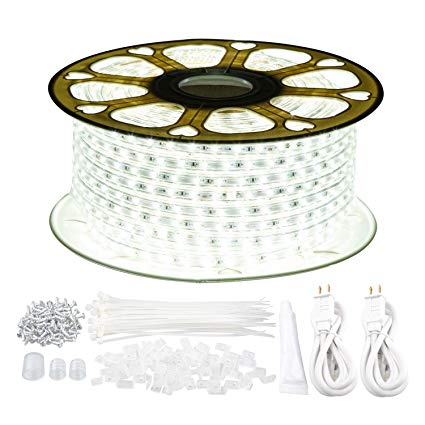 GuoTonG 131.2ft/40m LED Strip Rope Lights,Waterproof, 6000K Daylight White,110V 2 Wire, Flexible, 2400 Units SMD 2835 LEDs,Indoor/Outdoor Use, Ideal for Backyards, Decorative Lighting