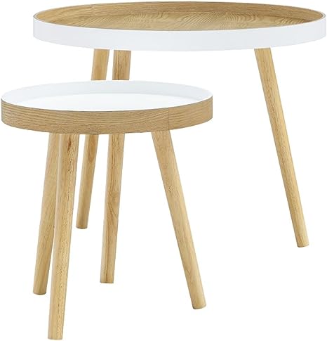 Safco Products EC8890 2-Piece Nestable End Tables for Living Room, Bedroom and Small Spaces. White and Light Wood Grain