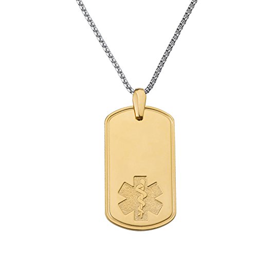 Divoti Custom Engraved Deluxe PVD Gold Pure Titanium Medical Alert Necklace -Dog Tag-Stainless Fancy Box Chain