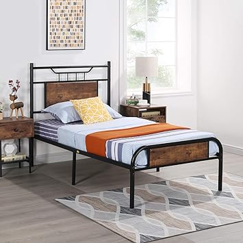 VECELO Single Size Bed Frame with Wooden Headboard, Metal Platform Bed Frame with Footboard,No Box Spring Needed,Sturdy Steel Structure,13 Strong Steel Slat Support, Easy Assembly/Rustic Brown