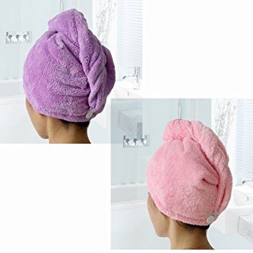2 Packs MsFeng Superfine Fiber Soft Coral Fleece Ultra Absorbent Twist Dry Hair Cap Towel Bath Head Wrap Turban (Pink and Purple)