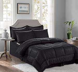 Elegant Comfort Luxury Best, Softest, Coziest 8-Piece Bed-in-a-Bag Comforter Set Silky Soft Bamboo Pattern Complete Set Includes Bed Sheet Set with Double Sided Storage Pockets, Full/Queen, Black