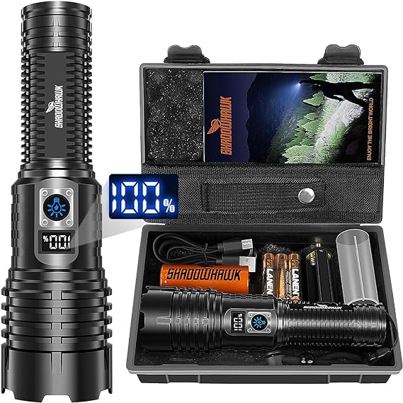 LED Torch Rechargeable Flashlight, Shadowhawk 20000 Lumens XHM77.2 Super Bright Torches, Handheld Torch Flashlight, Powerful Tactical Torch Waterproof Flash Light for Emergency Camping Gift