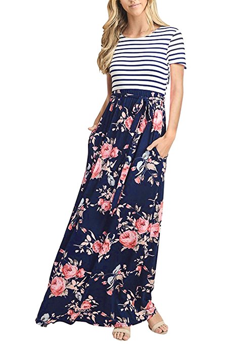 MEROKEETY Women's Striped Short Sleeve Floral Print Summer High Waist Pockets Maxi Dress