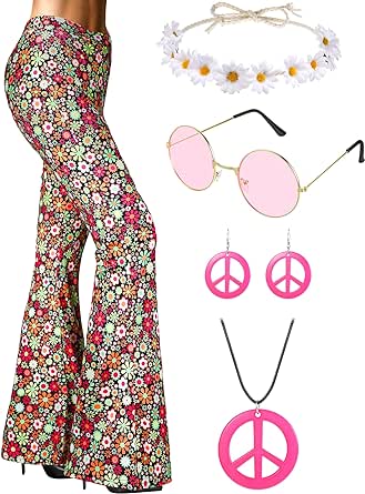 SATINIOR 70s Women Hippie Costume Accessories Boho Bottom Flared Pant Peace Necklace for Carnival Party