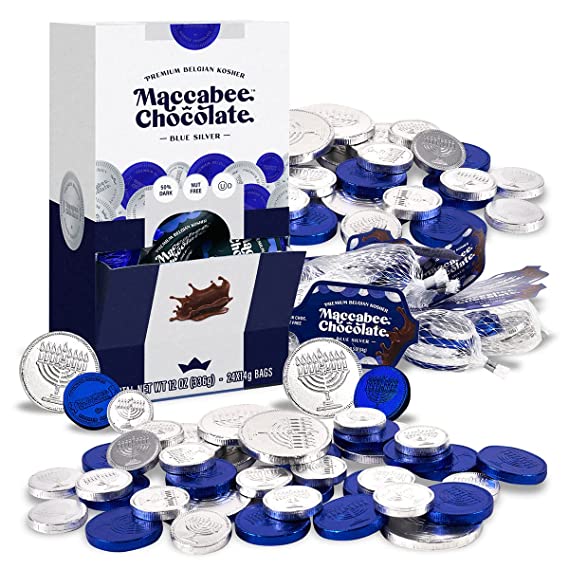 Maccabee Belgian Hanukkah Chocolate Gelt Coins Kosher Nut-free Dark Blue/Silver (1 Box, Contains 24 Mesh Sacks)