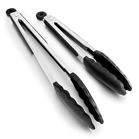Kitchen Tongs, Hard Crafts 2 Pack Silicone Kitchen BBQ Tongs Set of 2 Kitchen Tongs for Barbeque, Cooking, Grilling (9inch & 12inch), Salad & Grill Stainless Steel Serving Tongs (Black)